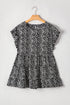 Black Leopard Print Ruffled Short Sleeve Keyhole Back Tiered Flowy Plus Size Blouse